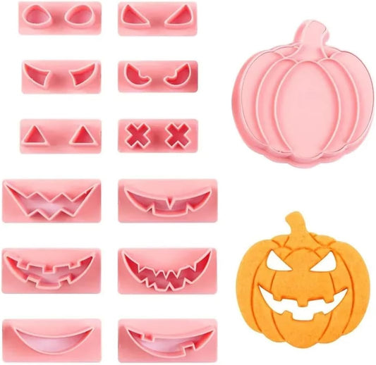 13Pcs Halloween Cookie Cutter Set Pumpkin Face Halloween Cookie Mold Biscuit Mold 3D Hollow Out Pumpkin Cake Baking Fondant Embosser Stamps Halloween Party DIY Cake Decorating Tools (A)