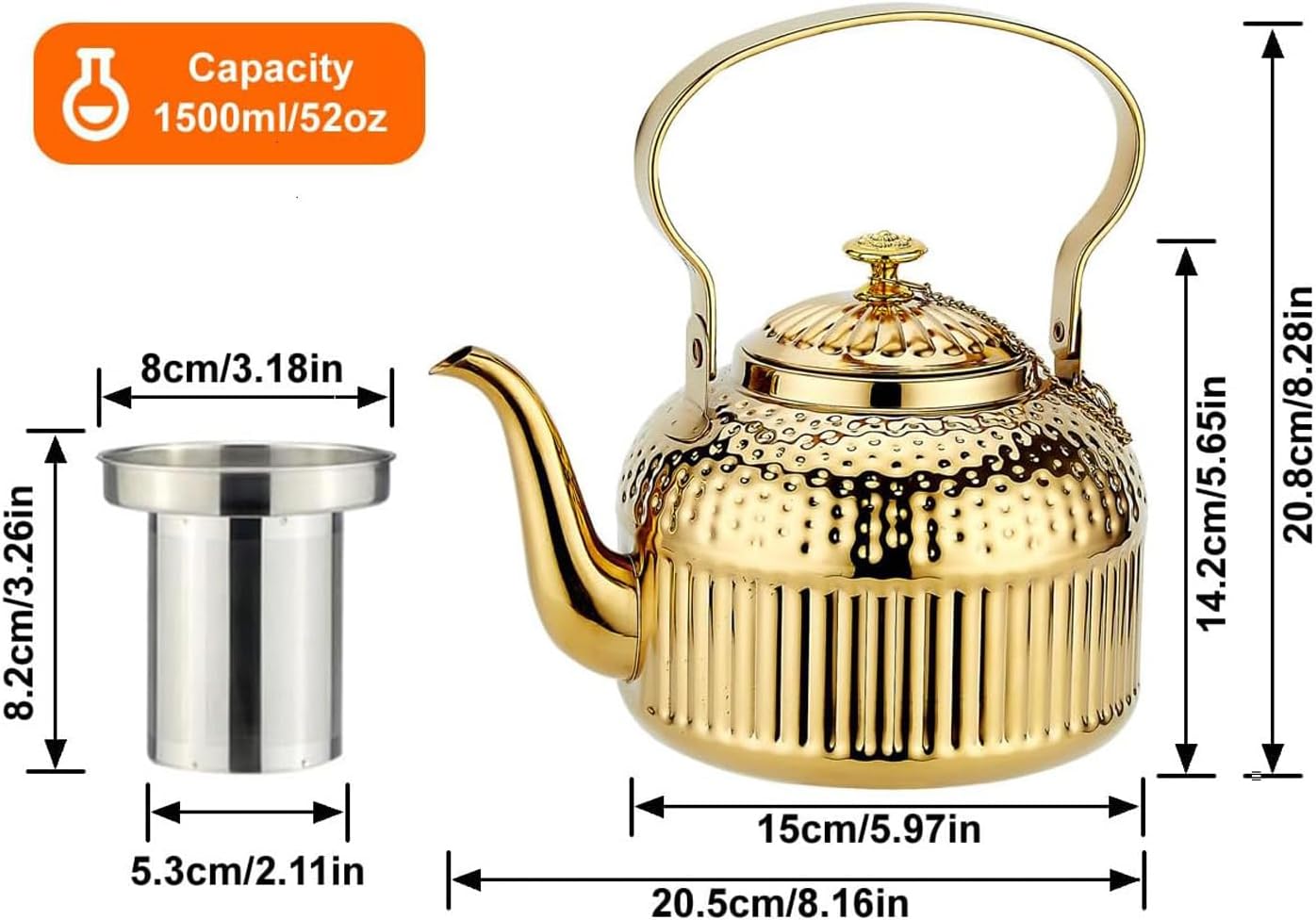 SANQIAHOME Antique 1.5L (50Oz) Stainless Steel Teapot with Infuser Gold