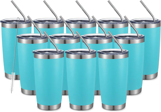 COMOOO 20oz Double Wall Vacuum Insulated Travel Mug Bulk Stainless Steel Tumbler with Lid and Straw Durable Powder Coated Insulated Coffee Cup for Cold & Hot Drinks (Light Blue, 12 pack