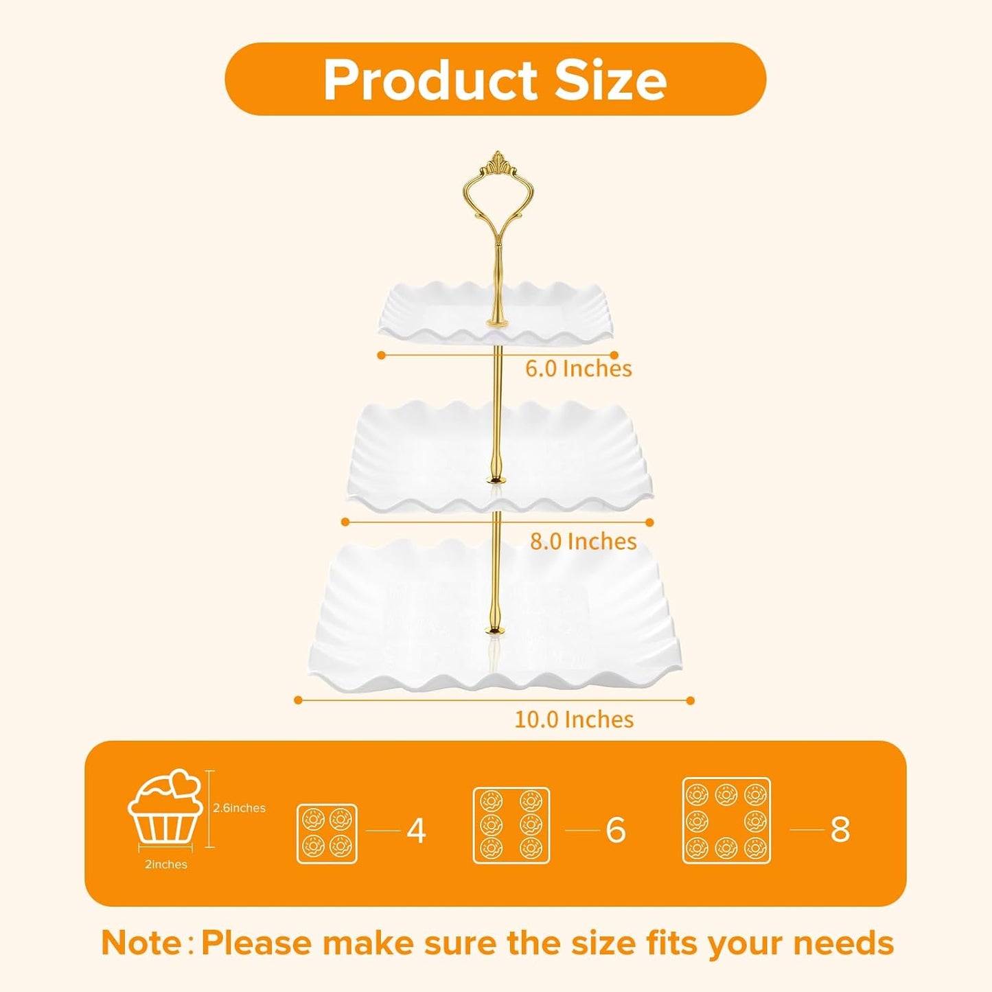 Hoedia 3 Tier Cupcake Stand Tower, Plastic White Cup Cake Holder for Dessert stands, Tiered Serving Tray for Tea Party, Birthday Party, Wedding Decor and Baby Shower(Square Wave)