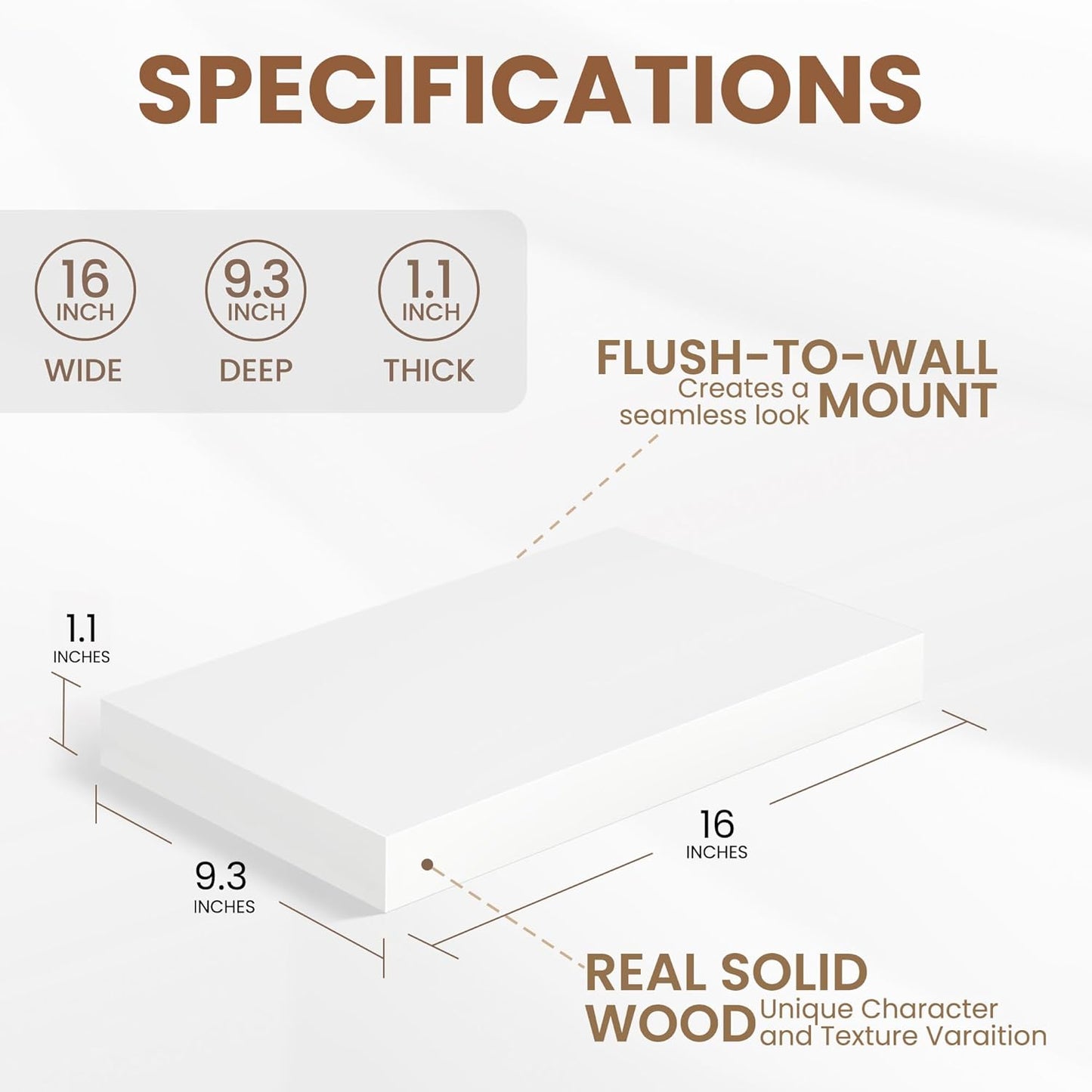 Fun Memories White Floating Shelves for Wall, 16 x 9 Inch Floating Shelf Set of 2, Rustic Natural Wood Wall Shelves, 9" Deep White Bathroom Shelves for Storage & Display