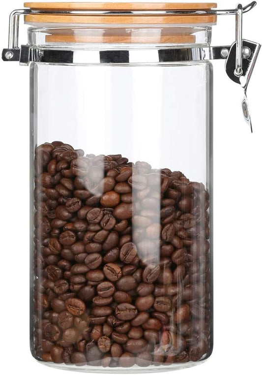 KKC Clear Borosilicate Glass Food Storage Jar Canister Container with Airtight Locking Clamp Bamboo Lid,Coffee Bean,Loose Tea,Nut Container,Sealed Jar Hinged Lid for 16oz Coffee Bean,40 Fluid-oz