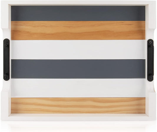 Wood Serving Tray with Metal Handle for Ottoman, Modern Rectangle Coffee Table Tray for Food Eating, White Decorative Tray, Size 17''x13'', Multicolor