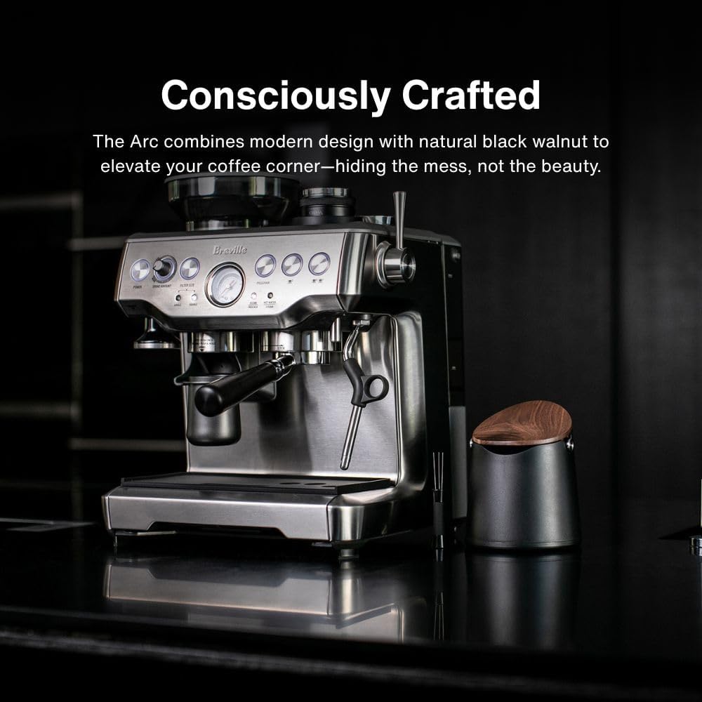 CREMA Coffee Products Arc Knock Box | Holds 12–16 Espresso Pucks| Durable,Stain-ResistantBuild withNon-Slip Base|Elegant WalnutPlastic Lid Design| EasyClean-Up &Moisture Control|Black Finish