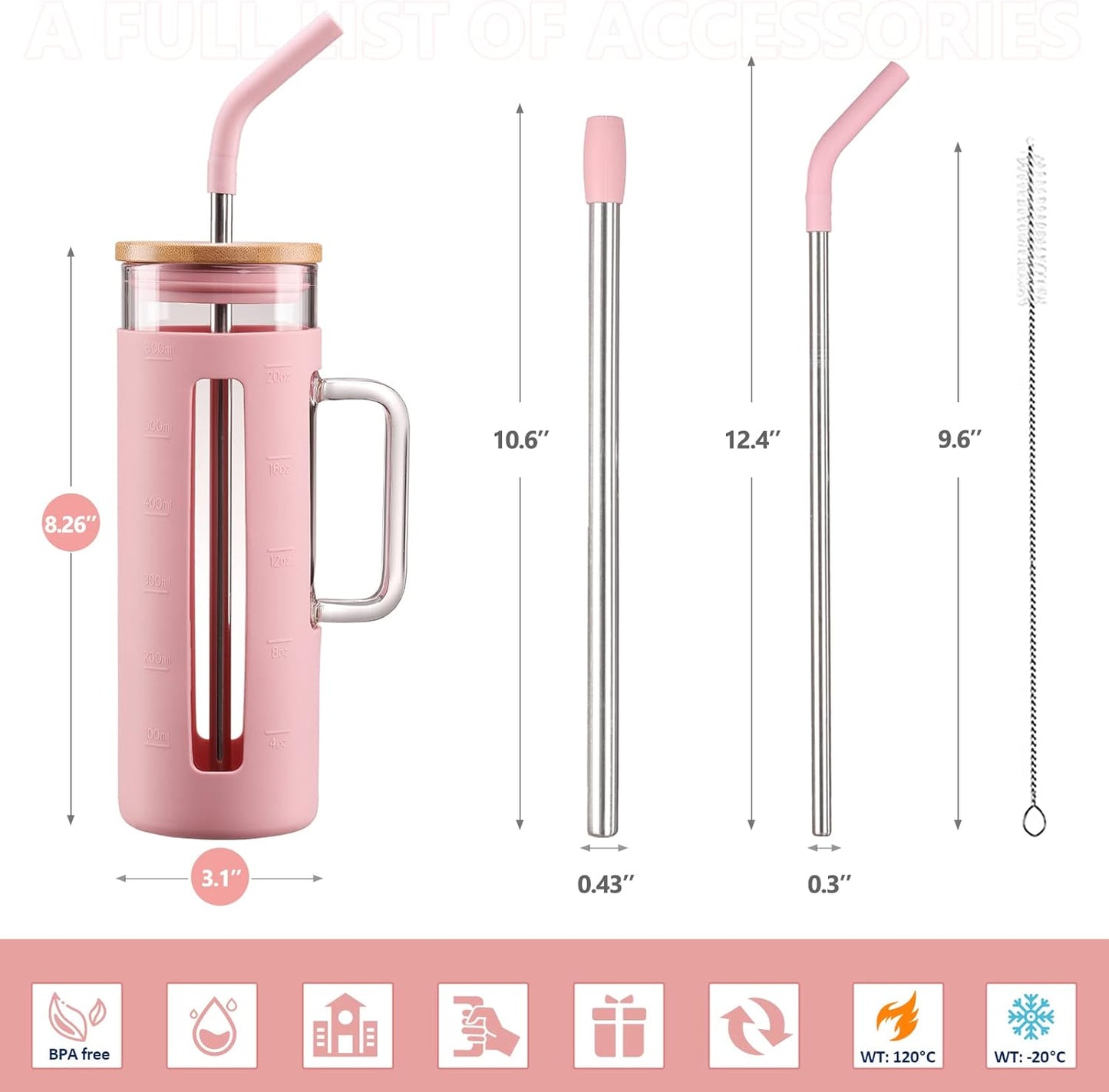 Kodrine Tumbler with Lid and Straw, 20 oz Glass Coffee Tumbler with Handle, Smoothie Cup with Bamboo Lid | Time Marker | Silicone Protective Sleeve, BPA Free -Pink