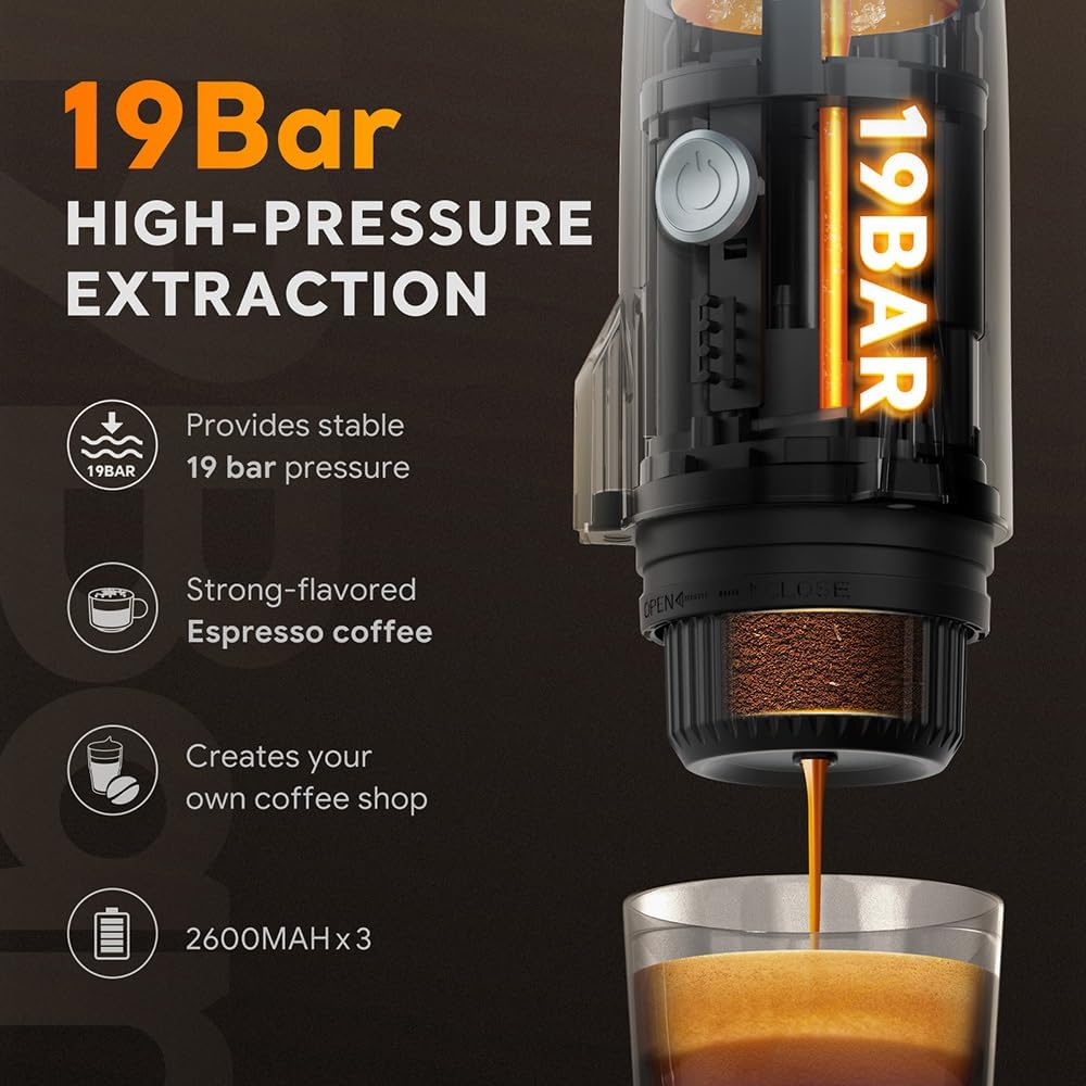 3 in 1 Portable Espresso Machine On the Go, Self-Heating Electric Espresso Maker, 19 Bar Mini Coffee Maker For Travel Camping and Hiking With Ground Coffee & NES PRESSO/DolceGusto Pod, Space Grey