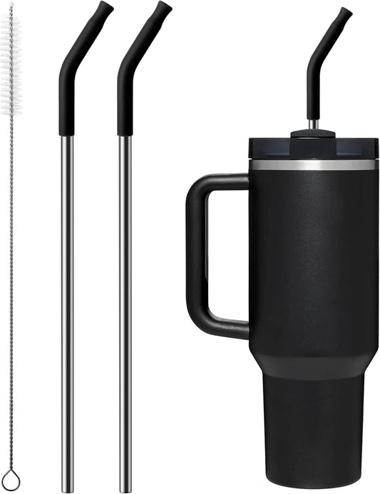 Metal Straw with Silicone Tip for 40oz Stanley Cup, 2 Pcs Stainless Steel Straws Replacement for Stanley 40 oz Adventure Quencher Travel Tumbler Cup, 1 Straw Brush (Black)