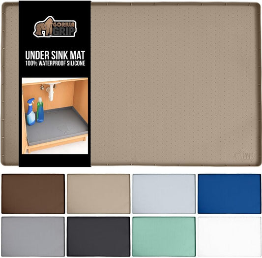 GORILLA GRIP Waterproof Silicone Under Sink Mat with Raised Lip for Kitchen and Bathroom, 34 x 22 in, Cabinet Shelf Liner Stay in Place Mats Dishwasher Safe Drawer Liner, Organizer Tray, Beige