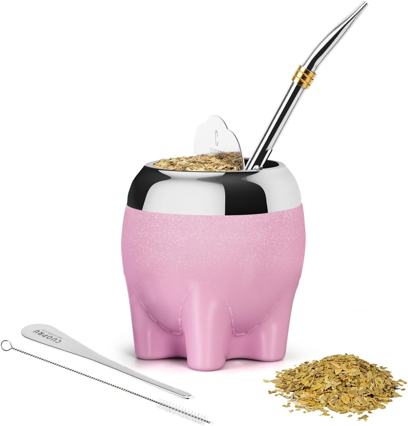 Premium Yerba Mate Cup 5 in 1 Set, Including Stainless Steel Gourd (Glitter Stars, Cute Elephant Style) Bombilla Straw, and Tea Shaper Set, 5.4oz, Gift for Women Drinking Coffee Tea Water (Pink)