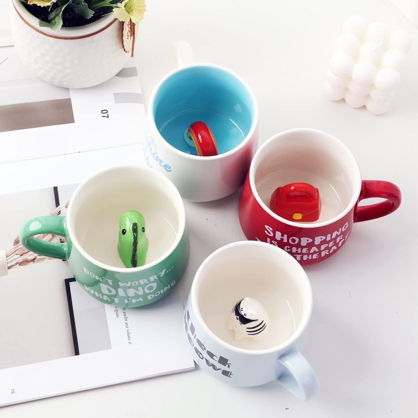 Green Dinosaur Ceramic Cup Hidden 3D Animal Inside Mug,12 oz Cute Cartoon Handmade Figurine Mugs,Christmas Birthday Surprise for Friends Family or Kids (Green Dinosaur)