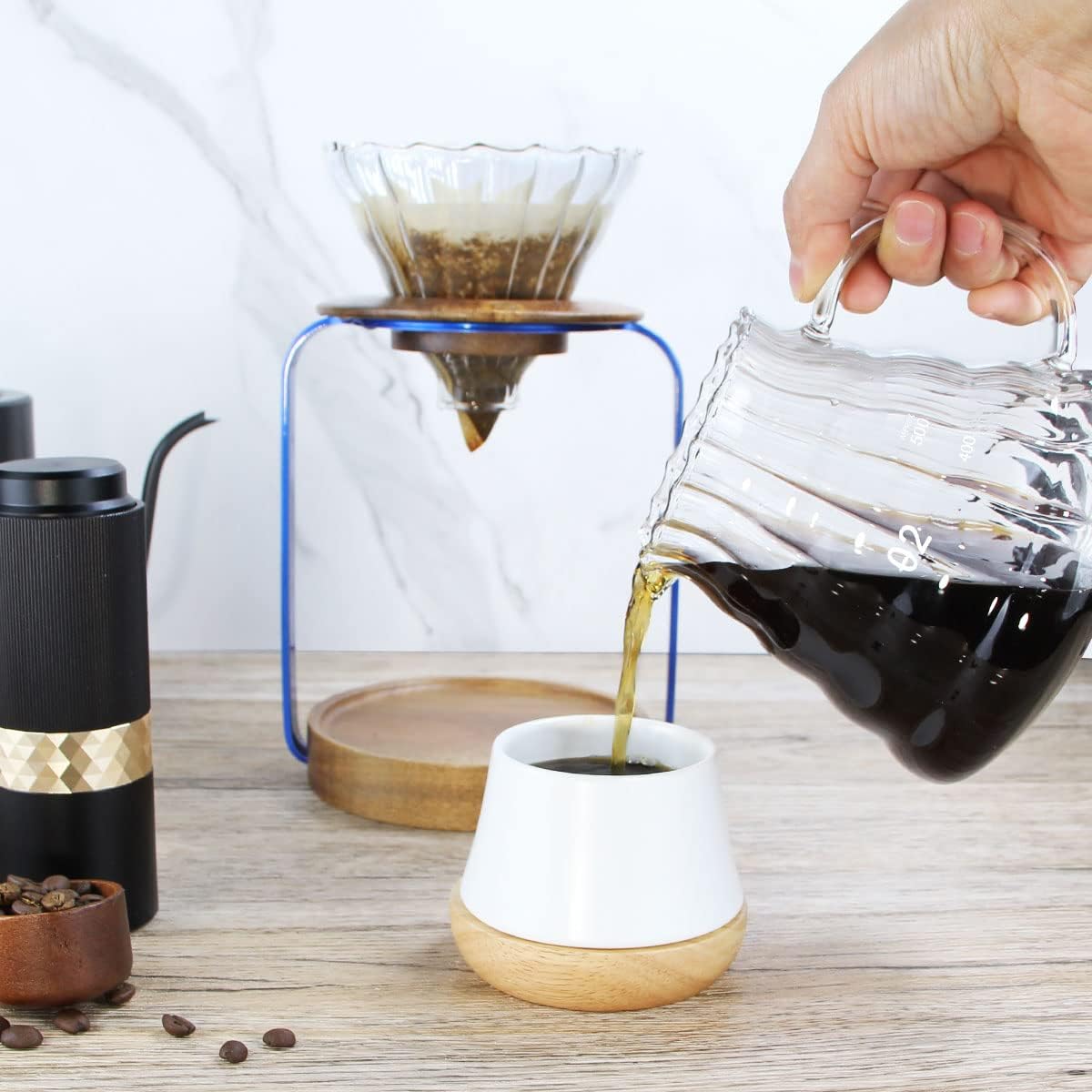 SOTECH Pour Over Coffee Dripper Stand with Metal Stand Wooden Filter Holder Glass Server with Paper Coffee Filters, Coffee Maker Stand Set for Coffee Tea and Saffron