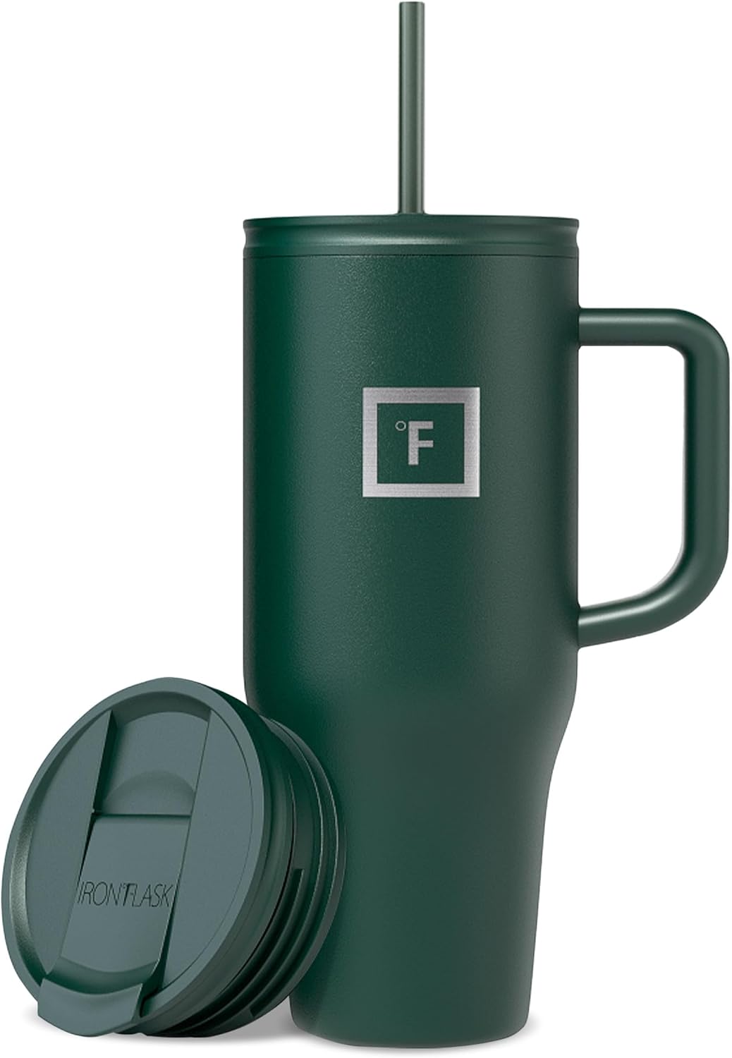 IRON °FLASK Co-Pilot Insulated Mug w/Straw & Flip Cap Lids - Cup Holder Bottle for Hot, Cold Drink - Leak-Proof - Water, Coffee Portable Travel Mug - Dark Pine, 32 Oz