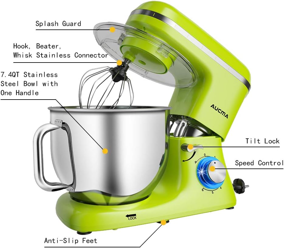 Aucma Stand Mixer,7.4QT Food Mixers, Kitchen Electric Mixer with Dough Hook, Wire Whip & Beater (Green, 7.4QT)