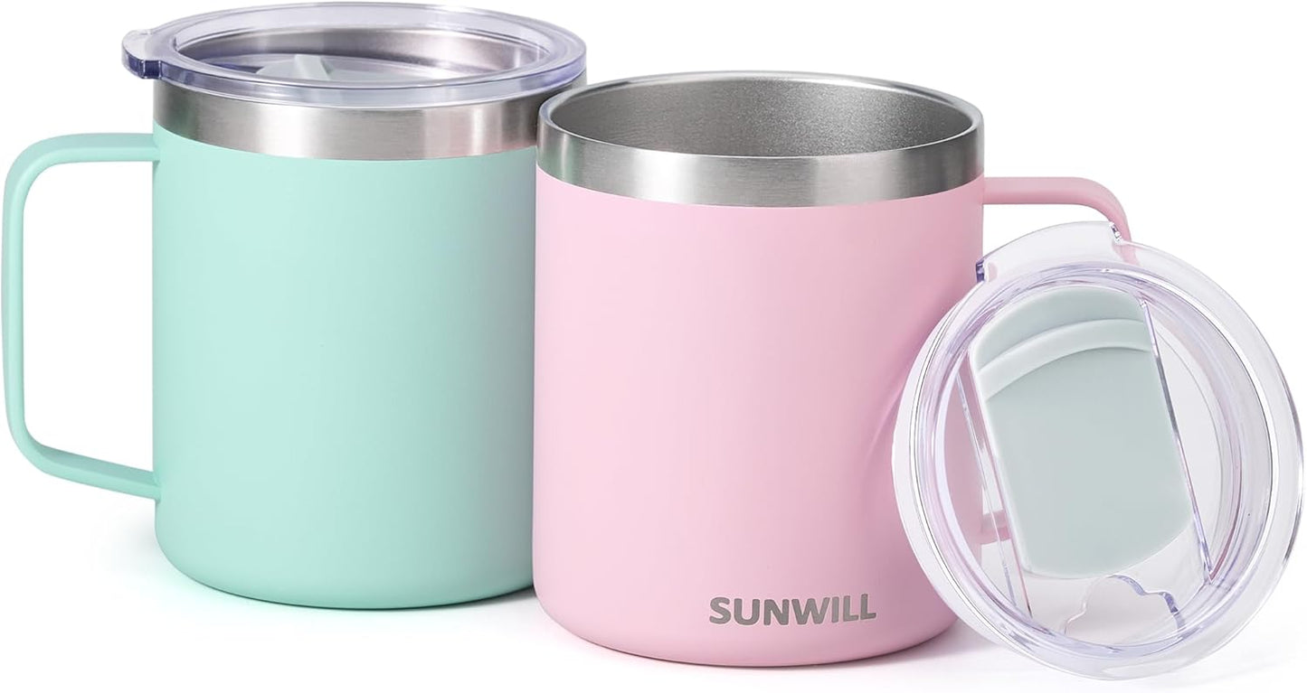 SUNWILL Travel Coffee Mug with Lid, Insulated Tumbler with Handle, 14 oz Stainless Steel Cup Set for Camping, Outdoor, Powder Coated Sakura & Mint 2 Pack