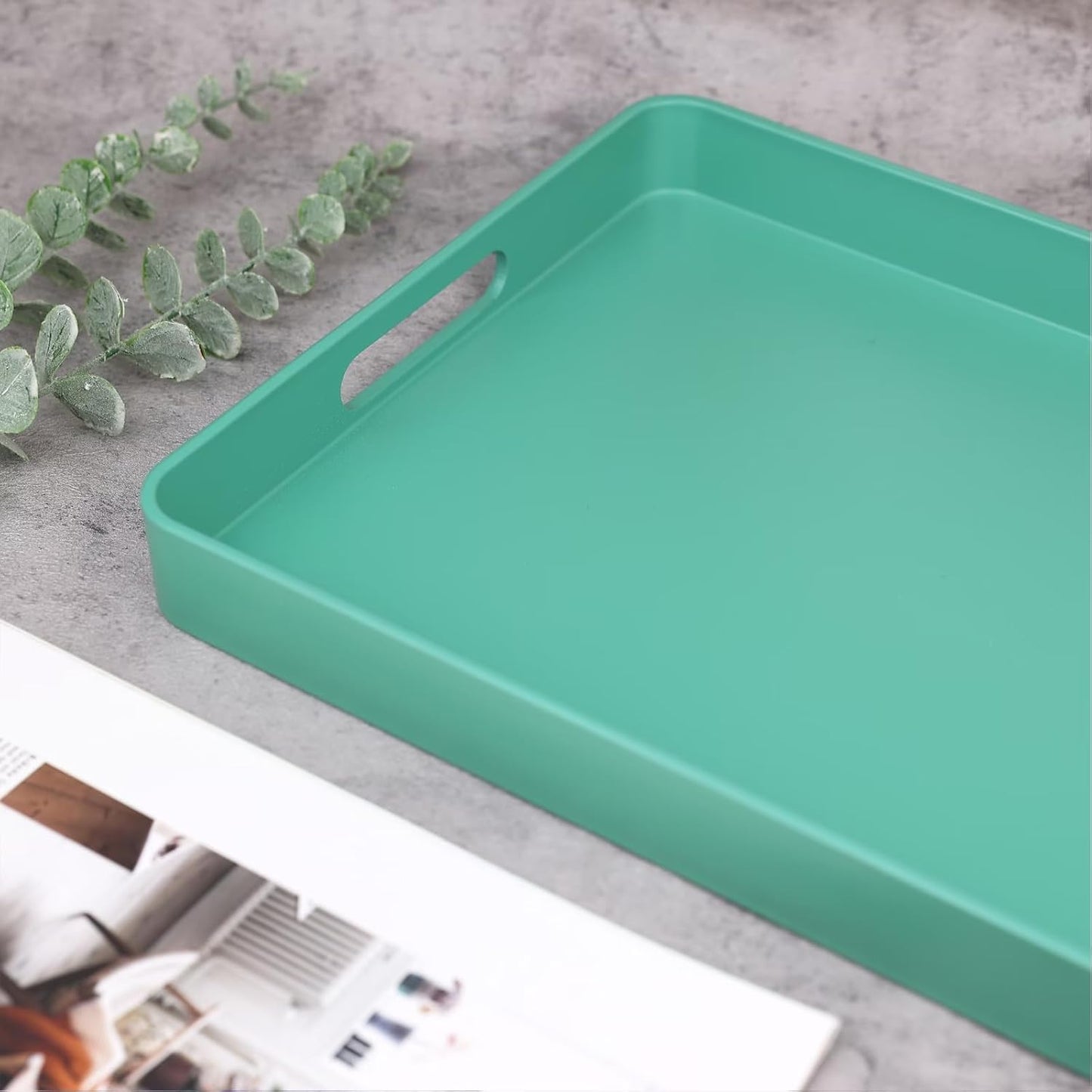 Green Decorative Serving Tray with Handles, Plastic Coffee Table Tray for Outdoor Patio, Living Room, Ottoman, Bathroom Counter, 10.2”*15.7”*1.4”