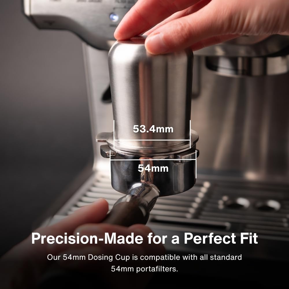 Crema Coffee Products 54mm Dosing Cup | Compatible with Breville Portafilters etc | Durable 100% Stainless Steel | Built-In Grinder Tab for Easy Transfer | Sleek, Mess-Free Design | Black Finish