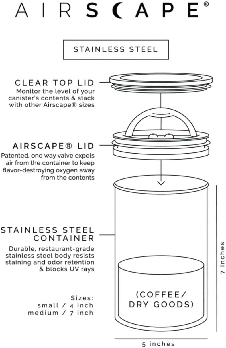 AirScape Planetary Design Stainless Steel Coffee Canister | Food Storage Container | US Patented Inner Plunger Lid REMOVES Excess Oxygen | Don't Buy airtight, Buy AIR-Less | (Medium, Matte Black)