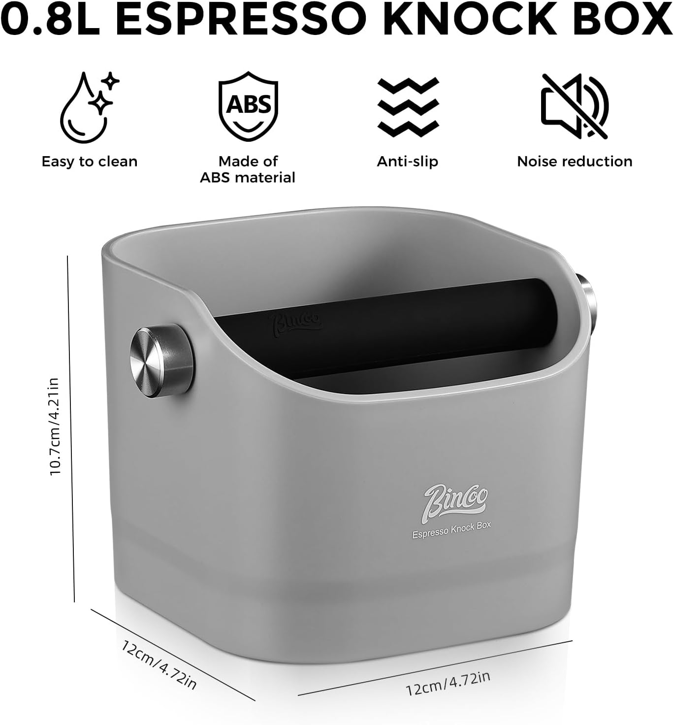 Bincoo Square Coffee Knock Box 0.8L –ABS Espresso Knock Bin with Non-Slip Base, Wide 4.6" Slanted Opening & Detachable Silicone Knock Bar for Easy Cleaning and Quiet Use(Gray(square))