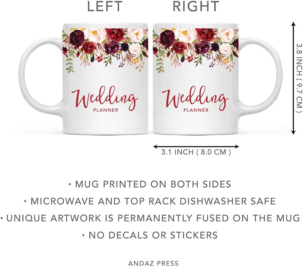 Andaz Press 11oz. Wedding Ceramic Coffee Tea Mug Gift, Fall Autumn Marsala Burgundy Flowers Roses Florals, Wedding Planner, 1-Pack, Includes Gift Box