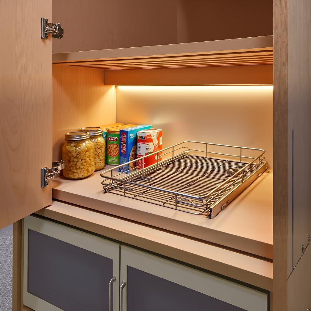 Pull Out Cabinet Organizer (22"W x 21"D), Slide Out Shelves for Kitchen Cabinets, Pull Out Drawers Heavy-Duty Metal Rolling Shelf, Chrome Finish