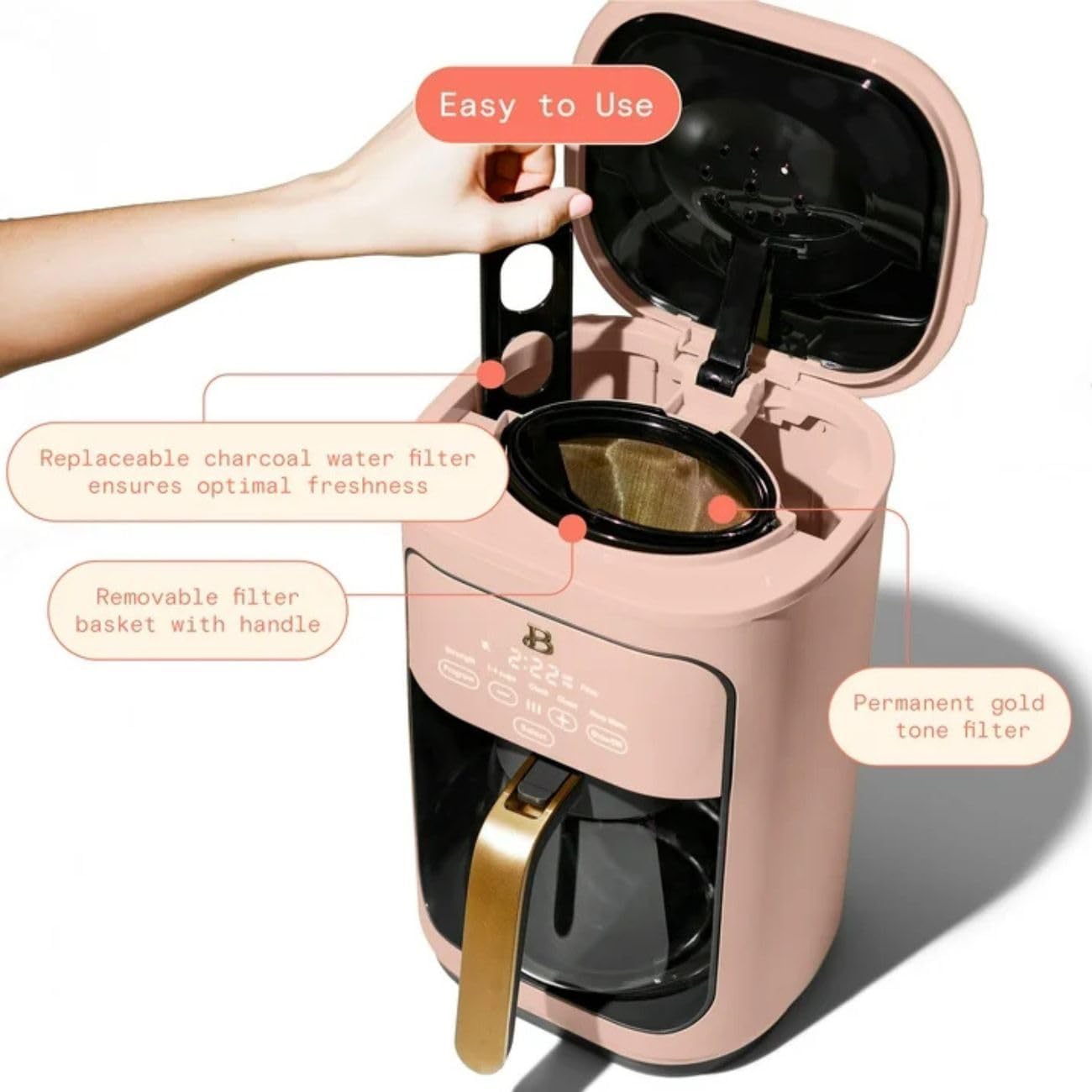 Beautiful Coffee Maker, 14-Cup, Touch-Activated Display, Programmable, Automatic Shut-Off, 1200W, Keep Warm, 24h Timer (Rose)