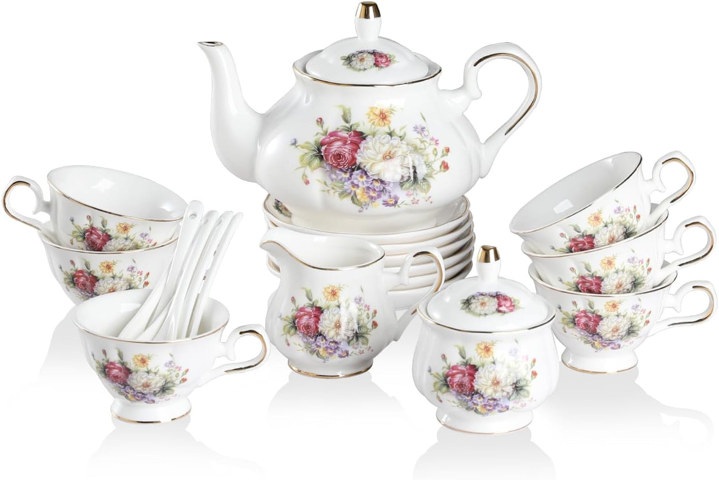 Sweejar Porcelain Tea Sets, Vintage British Floral Relief Gold Rimmed Teapot Cup and Saucer Set, Tea Set Service for 6, with Teapot, Sugar Bowl, Milk Jug, Spoons, Tea Cup and Saucer (Flower Style)