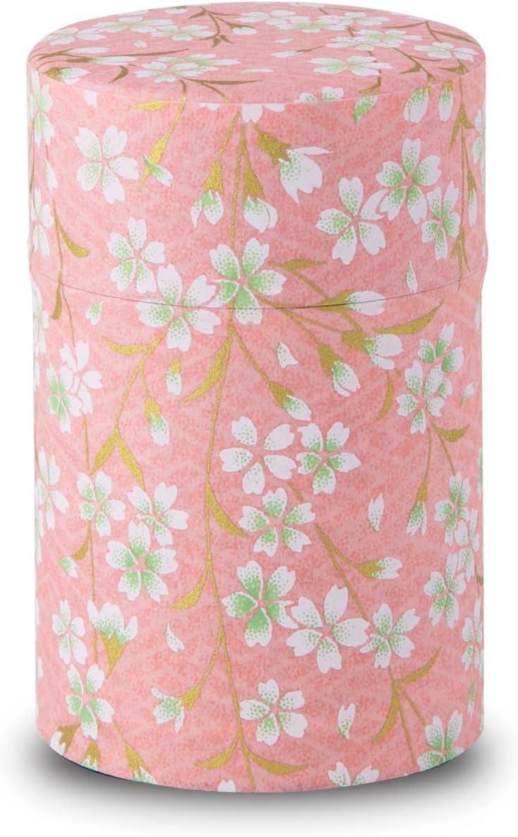 NOREN Japanese Tea Canister Tin (Yuzen Washi Paper), 3.5oz Size Made in JAPAN with Includes Inner Lid of Airtight Damp-Proof/Kitchen Jar for Loose Leaf Coffee Tea (Sakura of Kyoto/Pink)