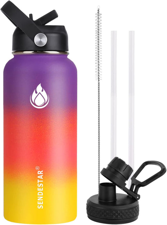 SENDESTAR Water Bottle 32oz Double Wall Vacuum Insulated Leak Proof Stainless Steel Sports Water Bottle—Wide Mouth with New Flex Straw Lid & Spout Lid (Havana)