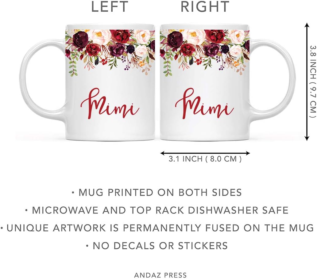 Andaz Press 11oz. Mother's Day Ceramic Coffee Tea Mug Gift, Fall Autumn Marsala Burgundy Flowers Roses Florals, Mimi, 1-Pack, Includes Gift Box, Birthday Christmas Gift Ideas