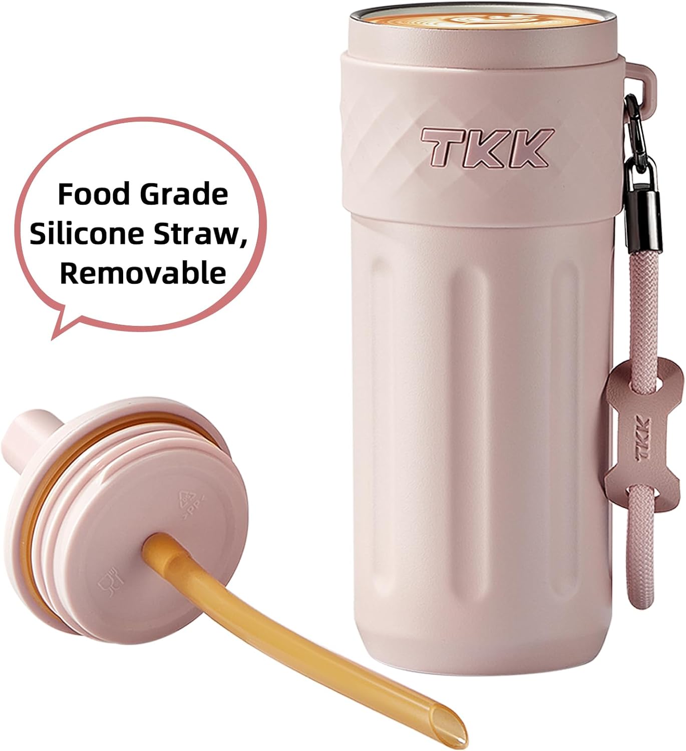 TKK 17 OZ Travel Tumbler Ceramic Lining with Straw Lid, Stainless Steel Vacuum Insulated Double Wall Coffee Tumbler, Leak Proof Iced Water Bottle with Carry Strap for Hot & Cold Drinks, Pink