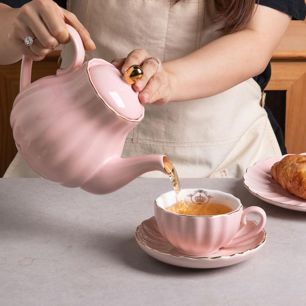 Sweejar Royal Teapot, Ceramic Tea Pot with Removable Stainless Steel Infuser, Blooming & Loose Leaf Teapot - 40 Ounce (Pink)
