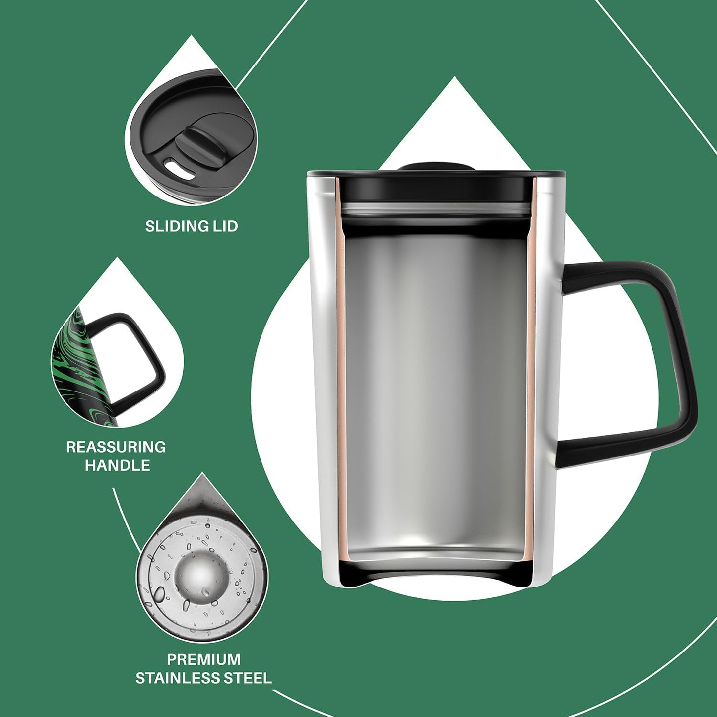 Ideus Vacuum Insulated Coffee Mug, 16oz Reusable Stainless Steel Thermal Double Walled cup with Handle and Slider Lid for Hot & Cold Beverages, BPA Free (Green Zebra)