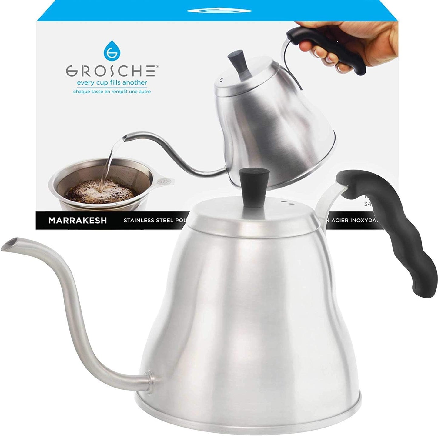 GROSCHE - Marrakesh Gooseneck Kettle Stovetop - 34 oz Stainless Steel Pour Over Coffee & Tea Kettle - Gooseneck Design for Precise Pouring, Integrated Thermometer for Optimal Brewing Temperature