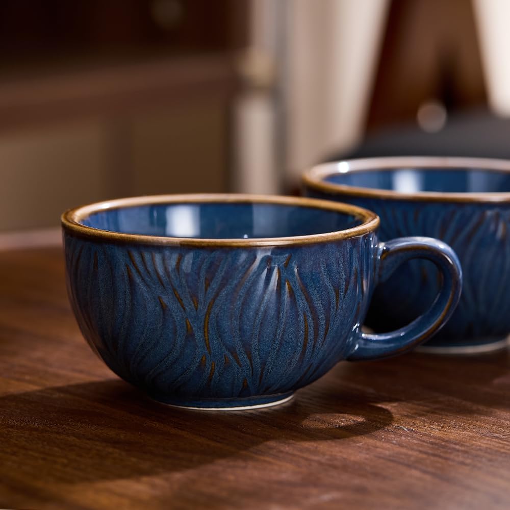 Set of 6 Vintage Design 12 oz Professional Barista Ceramic Latte Art Cappuccino Cups Set (Wave Blue)