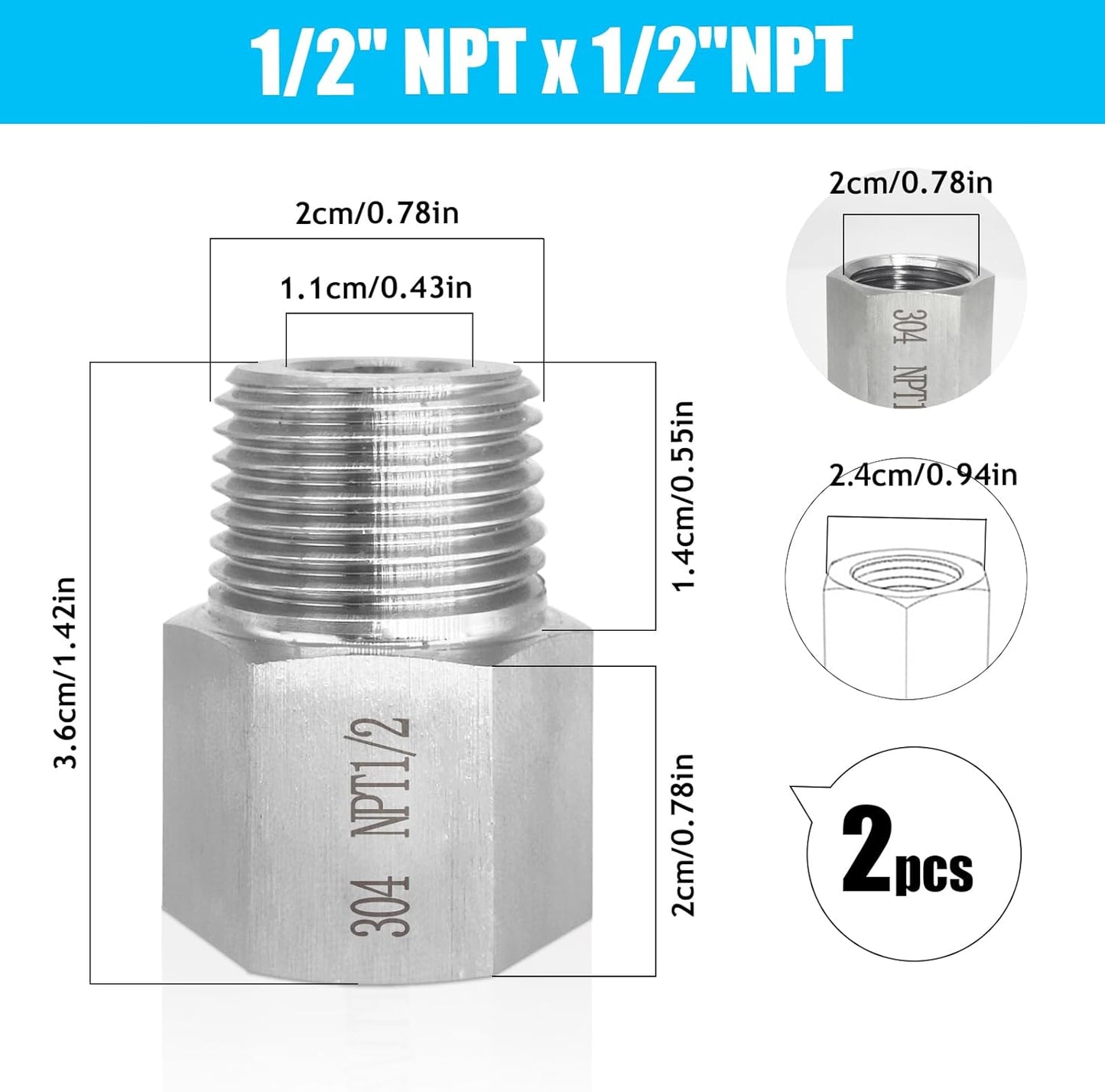 2 pieces NPT1/2 Female to NPT1/2 Male adapter,Reducer Adapter, Fabricate of 304 Stainless Steel.