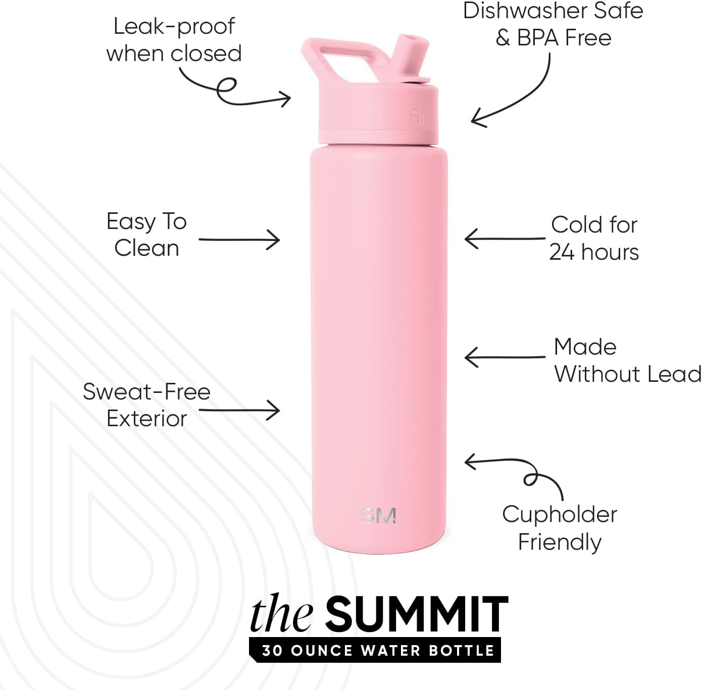Simple Modern Water Bottle with Straw Lid | Vacuum Insulated Stainless Steel Metal Thermos | Reusable Leak Proof BPA-Free Flask for Sports Gym | Summit Collection | 30oz, Blush