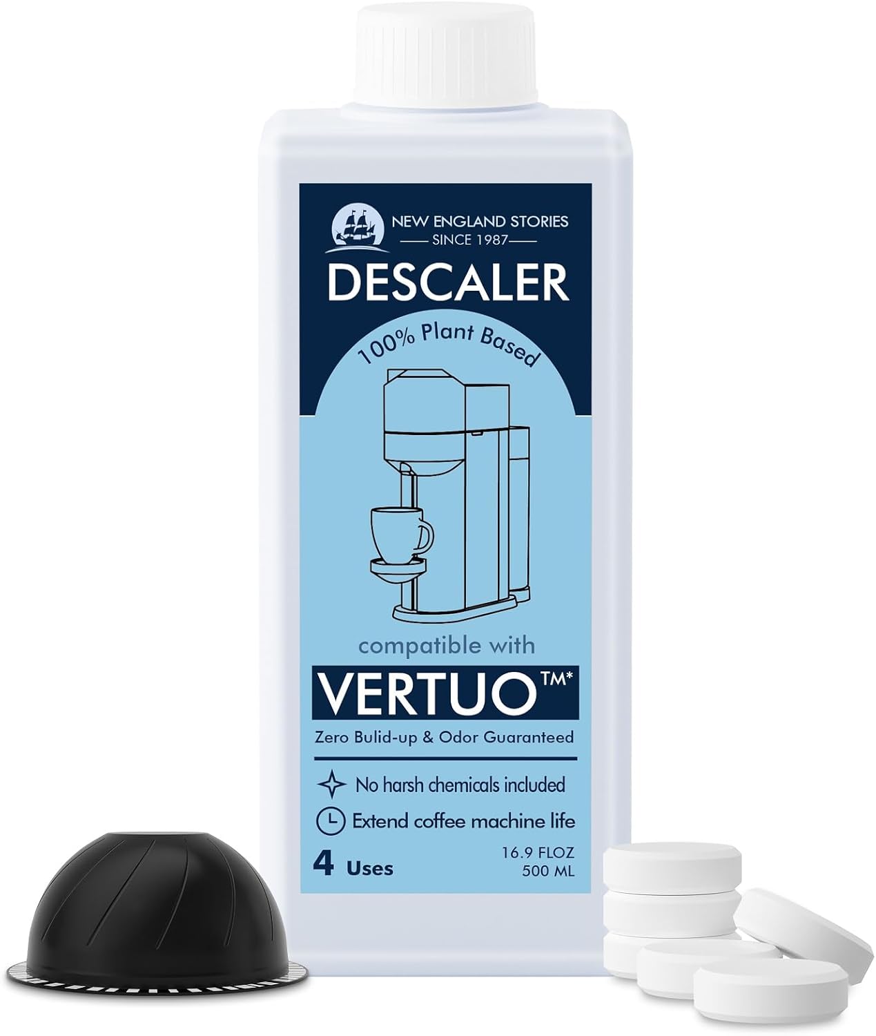 (12 Months Supply) Descaling Kit Compatible with Nespresso Vertuo, Odorless Coffee Brewer Machine Descaler Set, Liquid Descaling Solution for Nespresso, Includes Reusable Pod and 12 Cleaning Tablets
