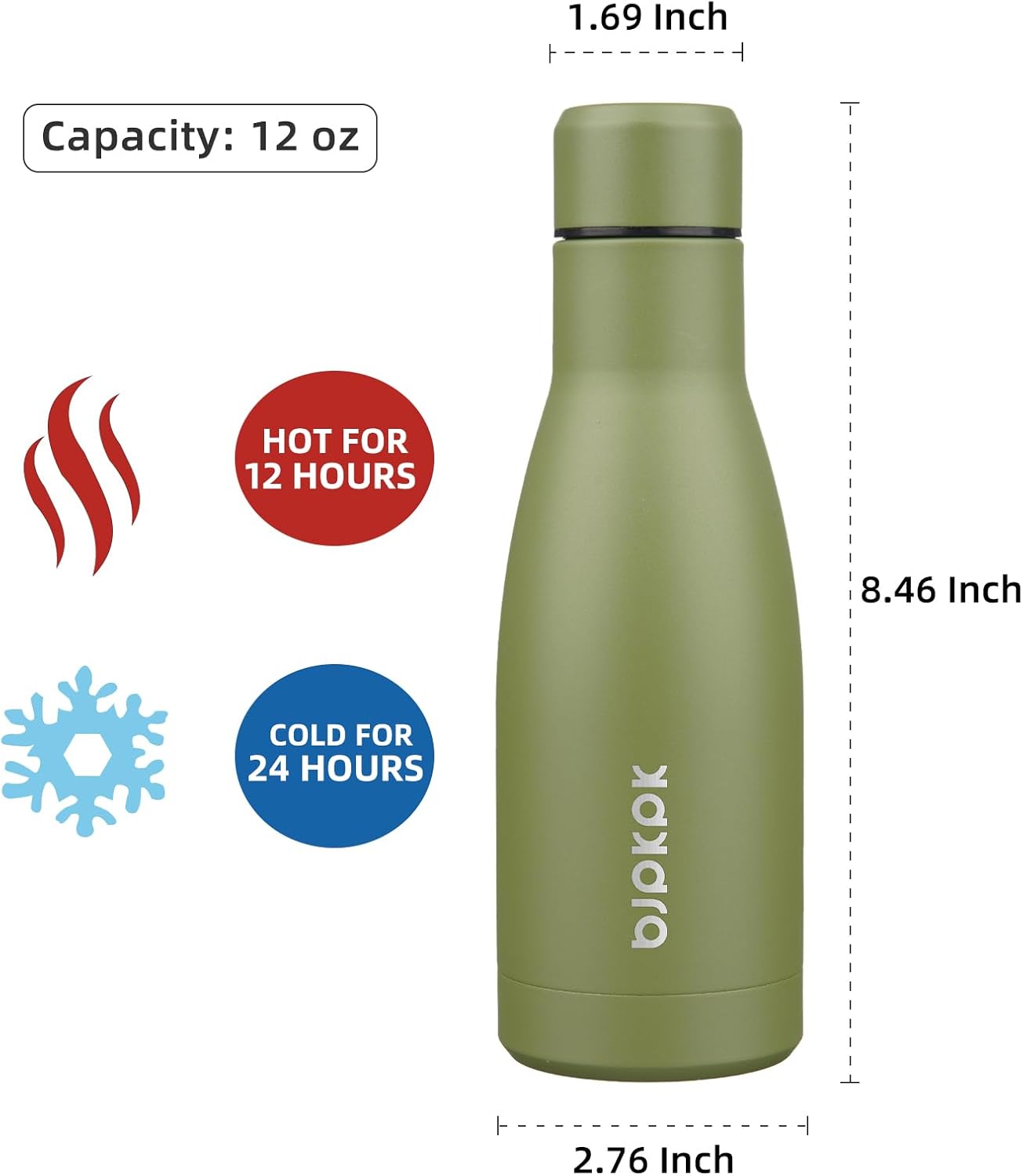 BJPKPK 12oz Water Bottles Stainless Steel Double Wall Vacuum Insulated Small Water Bottles for Travel,Olive Green