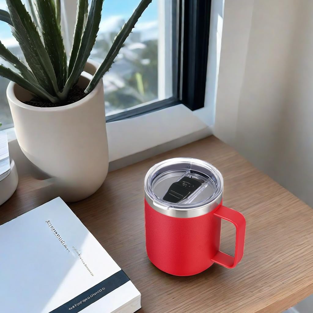 Volhoply 14oz Insulated Stainless Steel Coffee Mug with Lid Bulk 2 Pack,Double Wall Vacuum Travel Coffee Cup with Handle,Reusable Cups Tumbler,Camping Mugs Keep Hot/Cold,Ideal Gifts(Red,2)