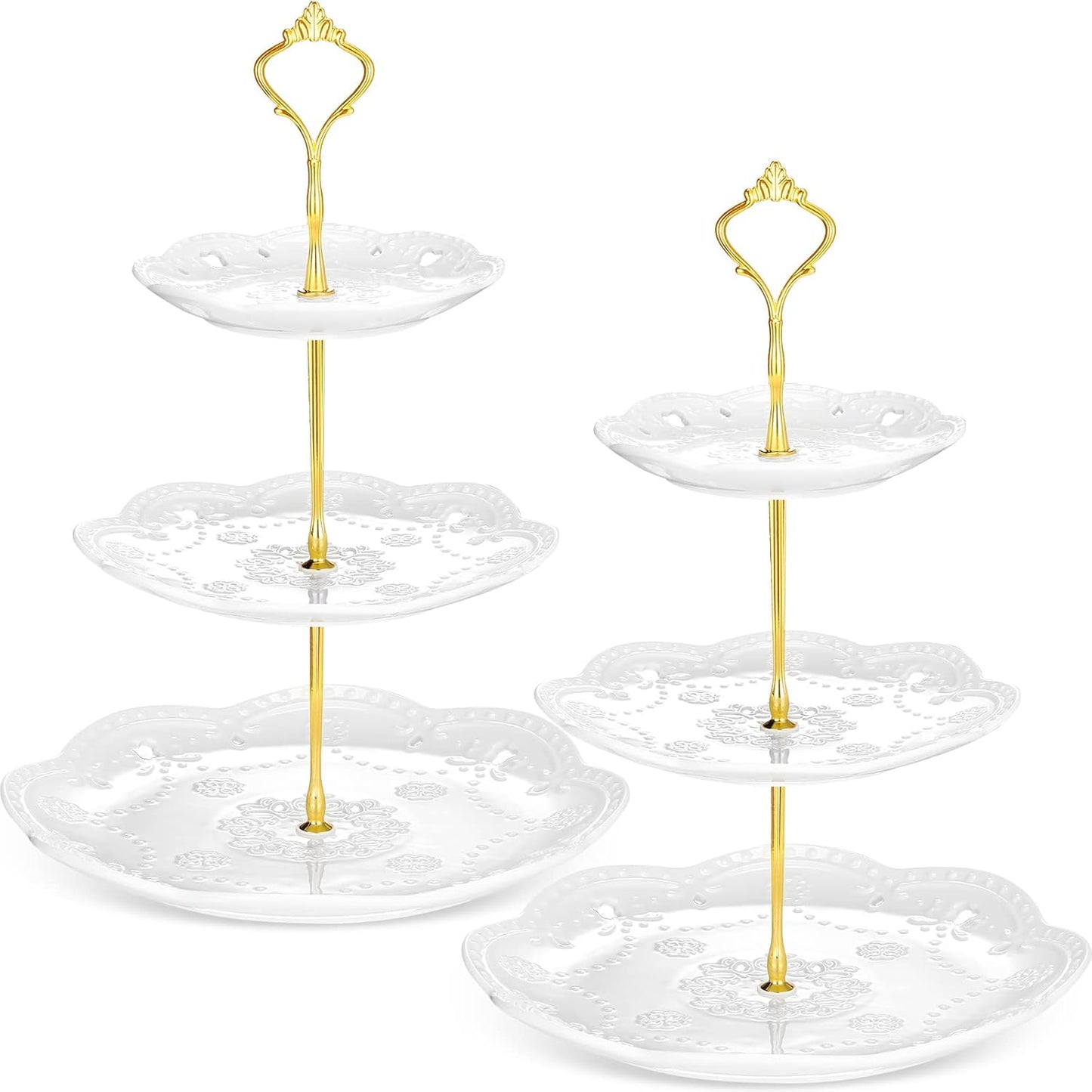 Tatuo 2 Pcs 3 Tier Porcelain Cupcake Stand, Cup Cake Holder Tower, Pastry Serving Elegant Dessert White Ceramic Tiered Stand for Wedding, Birthday, Tea Party(Lace Round Shape)