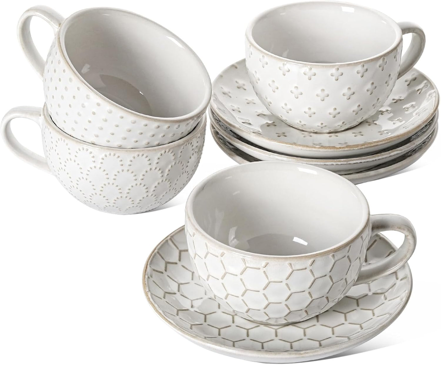 LE TAUCI Cappuccino Cups with Saucers 8 oz, Ceramic Large Coffee Cup for Au Lait, Double shot, Latte, Cafe Mocha, Tea, Dishwasher Safe - Set of 4, Arctic white
