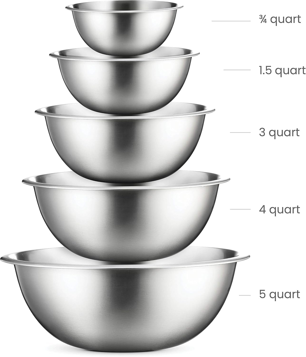Stainless Steel Mixing Bowl Set, Nesting Bowls for Kitchen Baking, Cooking, Prepping, Kitchen Food Storage Organizers, No Lids (5 Pack)