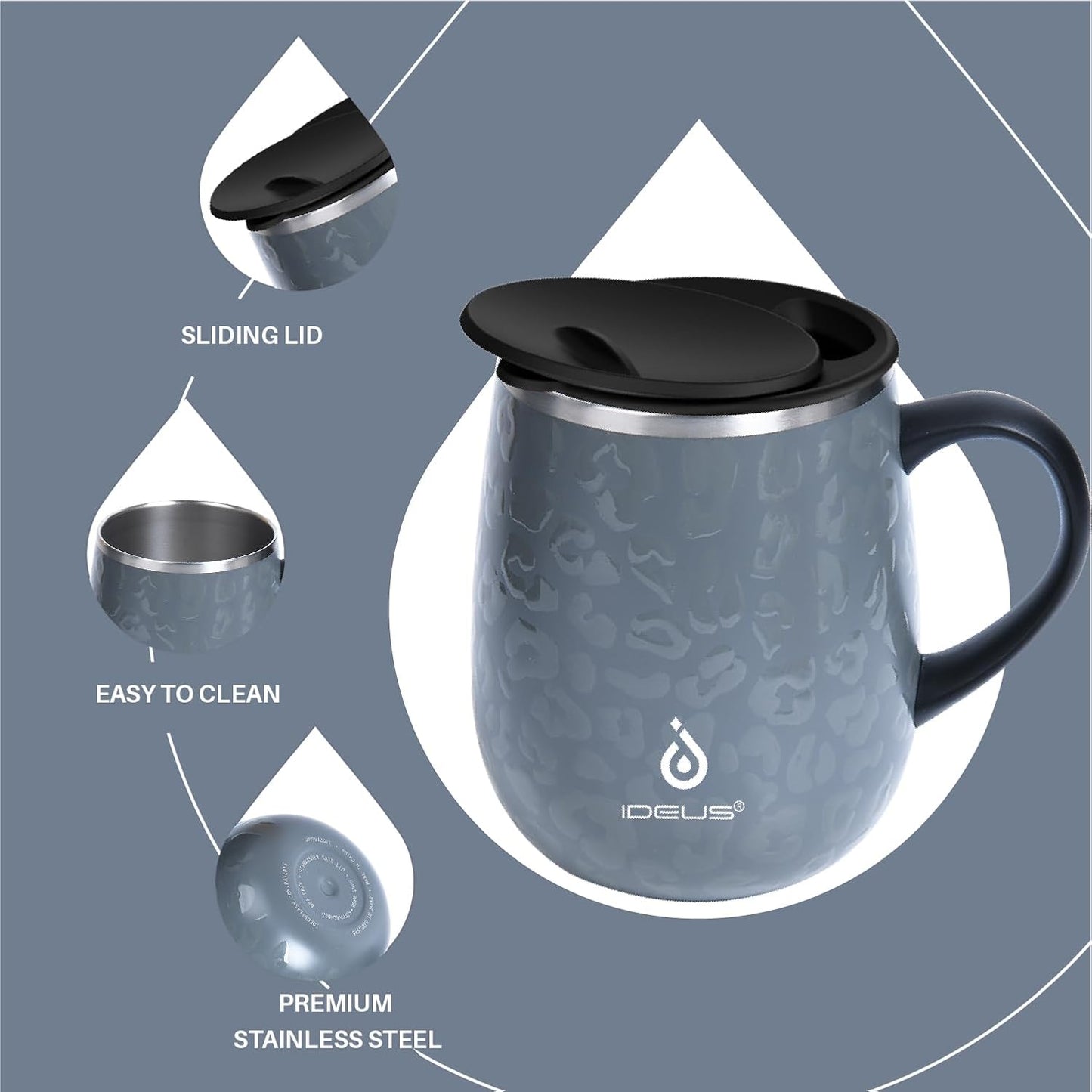 Ideus 16 oz Insulated Coffee Mug with Handle and Lid, Double Wall Stainless Steel Vacuum Thermal Coffee Mug, Travel Coffee Cup Thermal Cup for Home and Office, Leopard Gray