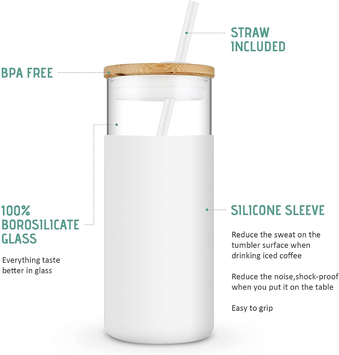 Tronco 20oz Glass Tumbler Glass Water Bottle Straw Silicone Protective Sleeve Bamboo Lid - BPA Free (Midnight Green/ 1 Pack)