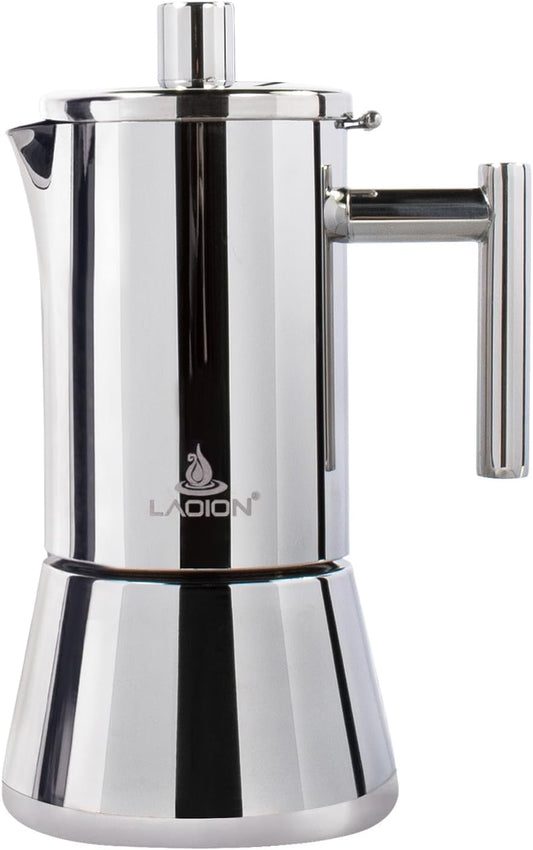 Stovetop Espresso Maker, 4Cup 6.8 oz Moka Pot, Stainless Steel Cuban and Italian Coffee Maker for Cafetera Cubana, Greca De Cafe Induction Stovetop Compatible, Coffee Gift for Home Travel