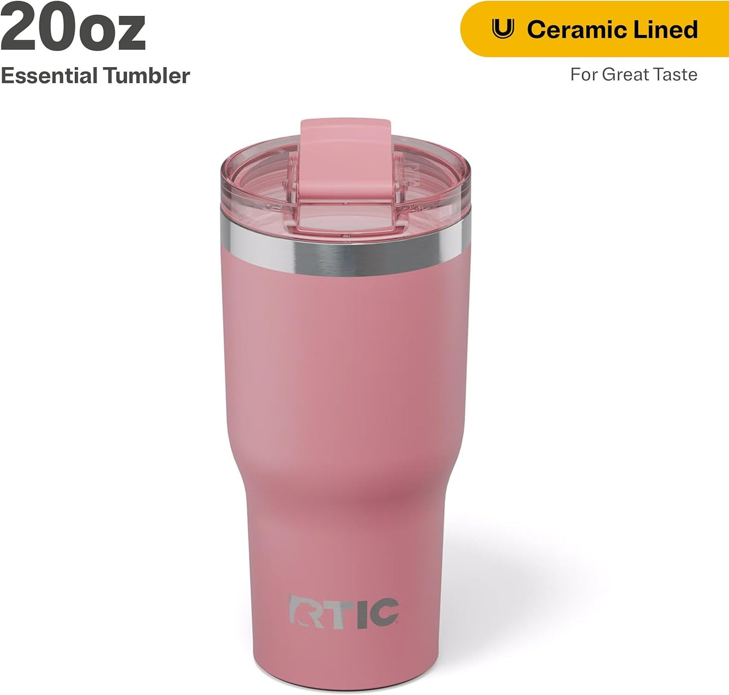 RTIC 20oz Essential Tumbler with Lid, Insulated, Stainless Steel, Metal, Double Wall Vacuum-Insulation, Ceramic Lined, Travel Cup for Iced Coffee, Tea, Hot and Cold Drink, Dusty Rose