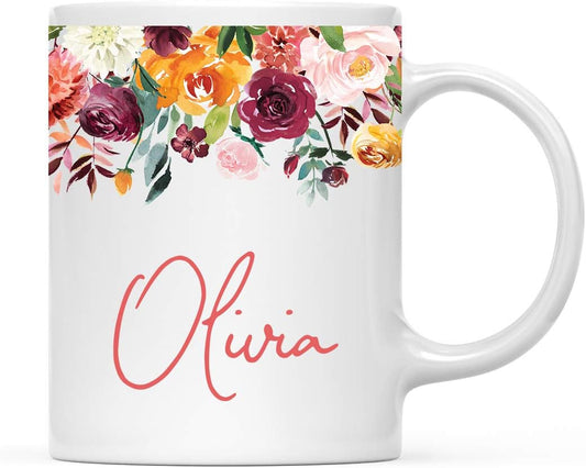 Andaz Press Personalized 11oz. Wedding Ceramic Coffee Tea Mug Bridesmaid Gift, Fall Autumn Burgundy Orange Peach Flowers Roses Florals, Olivia, 1-Pack, Includes Gift Box, Custom Name