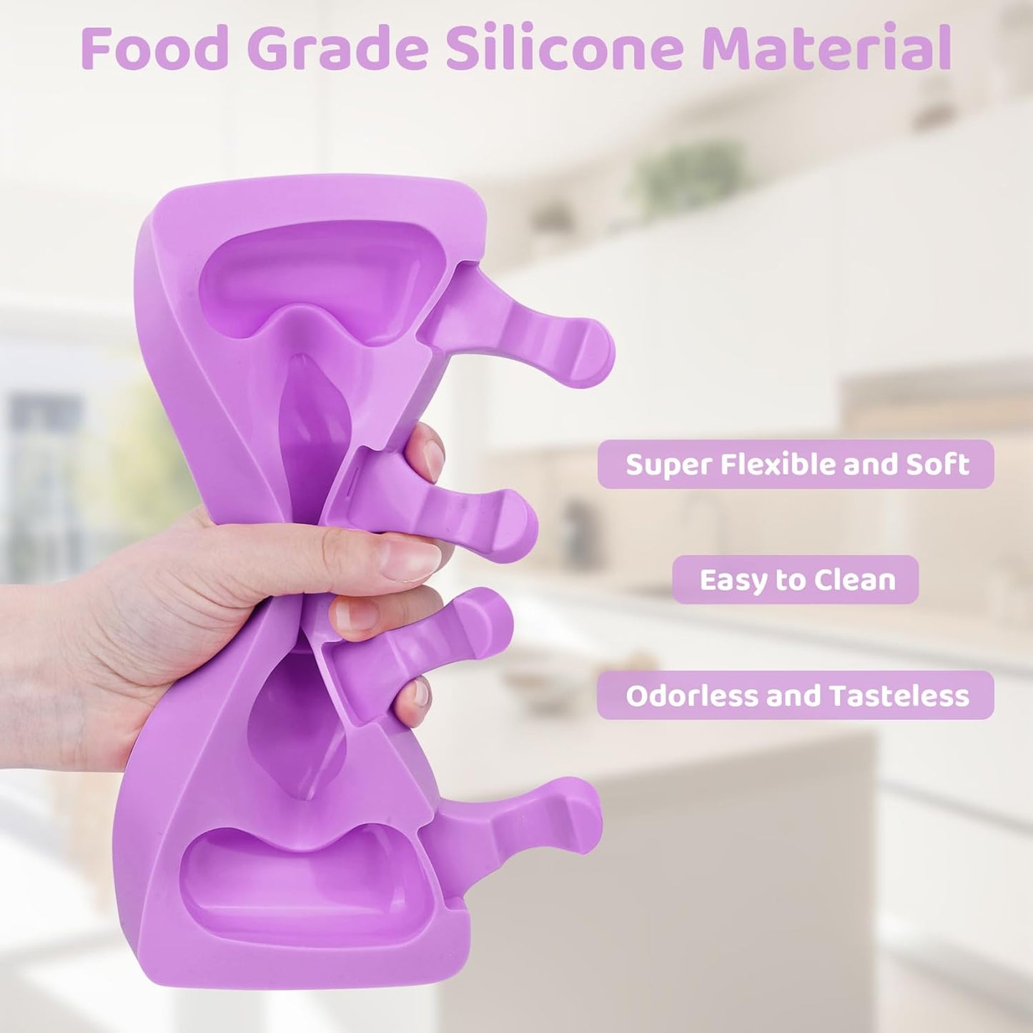 Ouddy Life Popsicle Molds Set of 2, Ice Pop Molds Silicone 4 Cavities Ice Cream Mold Oval Cake Pop Mold with 50 Wooden Sticks for DIY Popsicle (Purple) (Purple)