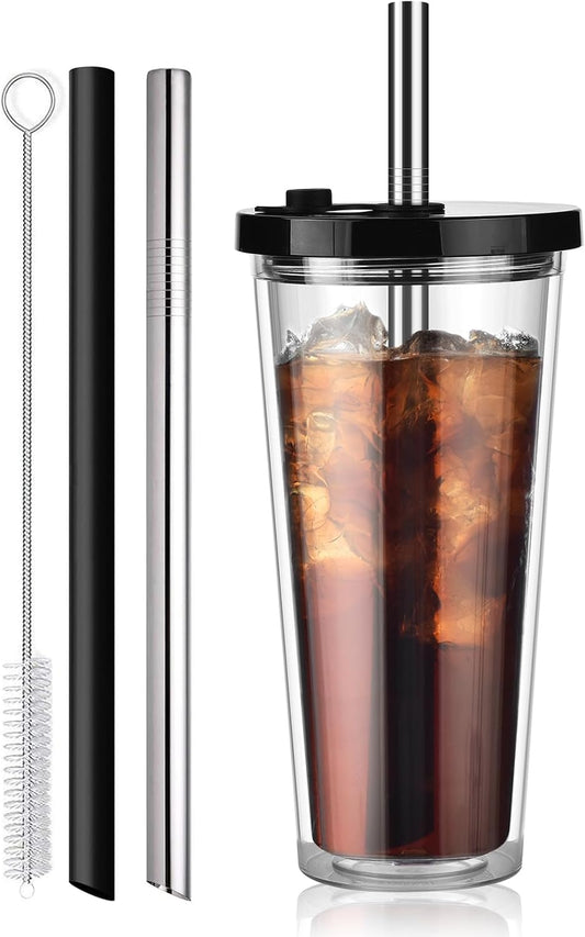 ALINK Reusable Iced Coffee Cup with Lid and Straw, 24 oz Boba Tea Smoothie Cup, Leak Proof Double Wall Insulated Iced Coffee Tumbler for Hot Cold Drinks, Bubble Tea, With 2 Boba Straws 1 Brush
