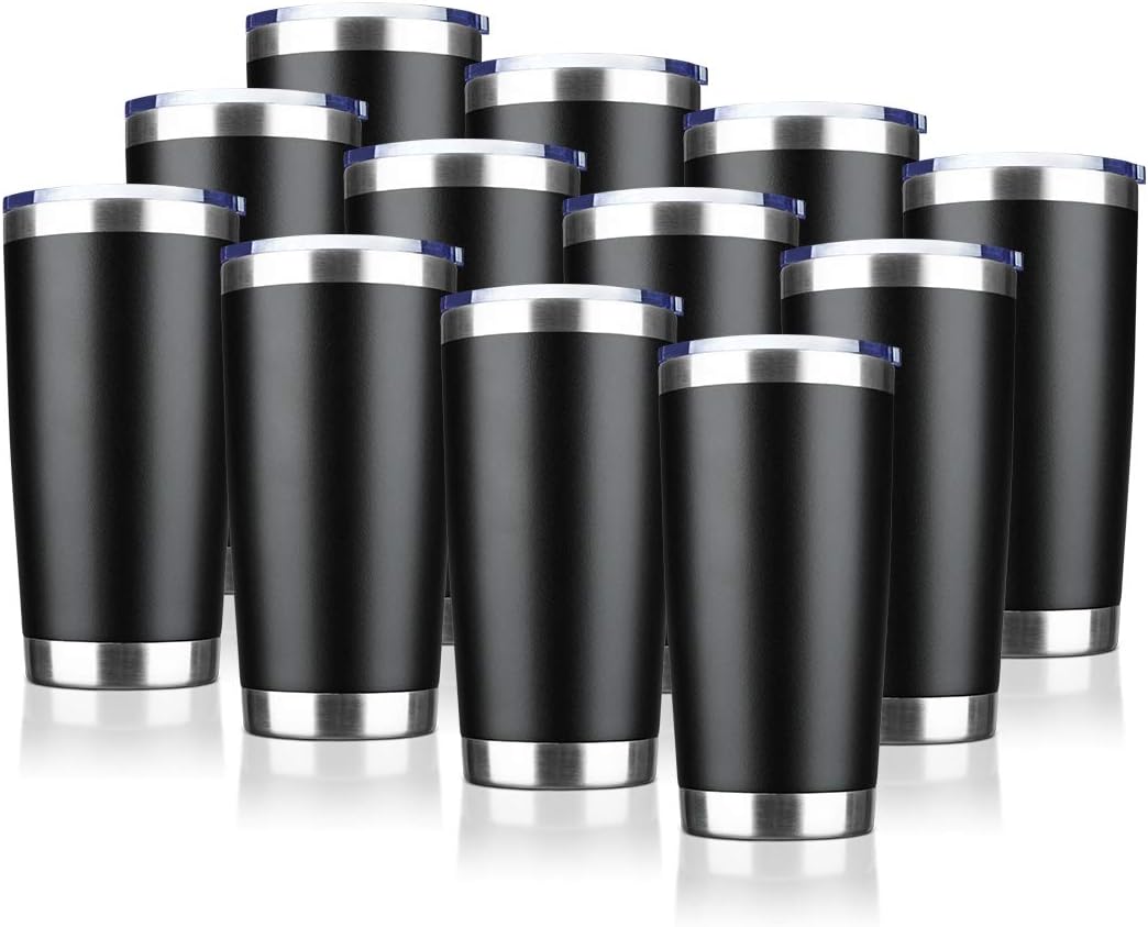 20oz Tumbler Bulk Stainless Steel Vacuum Insulated Tumblers with Lid Double Wall Travel Mug, Durable Powder Coated Coffee Cup, Suitable for Ice Drinks and Hot Beverage (Black 12pack)